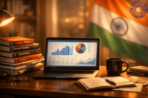 Study desk of a UPSC ISS aspirant with books, laptop showing statistics syllabus, and Indian flag UPSC ISS 2026