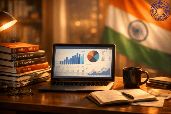 Study desk of a UPSC ISS aspirant with books, laptop showing statistics syllabus, and Indian flag UPSC ISS 2026