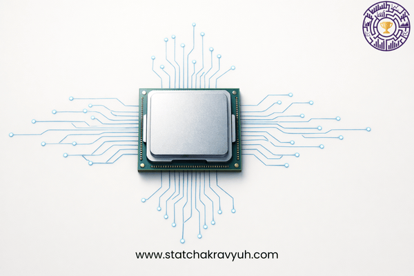 A minimalist 3D render of a computer CPU chip showing circuit paths, representing the central processing unit and machine cycle for UPSC ISS Statistics Paper I.