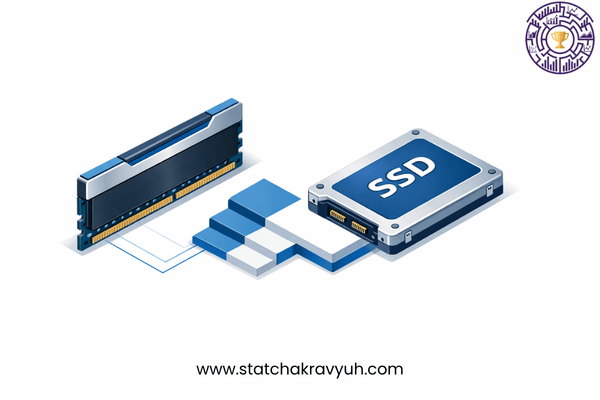 A professional illustration of the computer memory hierarchy featuring RAM modules and a Solid State Drive (SSD) for UPSC ISS computer applications preparation.