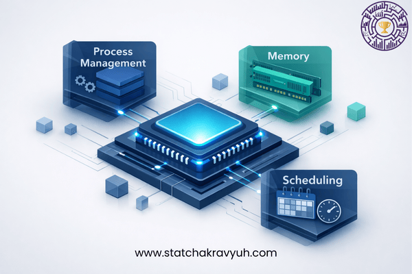 A professional 3D illustration representing Operating Systems for UPSC ISS, featuring CPU scheduling, process management, and system software concepts for Statistics students.