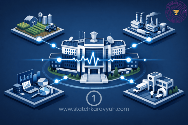 A professional 3D isometric illustration of the MoSPI and NSO building connected to digital data nodes for agriculture and industry.