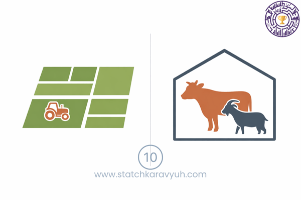 A professional graphic illustrating an agricultural land map (Operational Holding) alongside livestock icons, representing the two major Indian rural censuses.