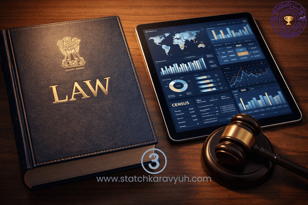A professional law book and wooden gavel placed next to a digital tablet showing statistical data, representing the Collection of Statistics Act.