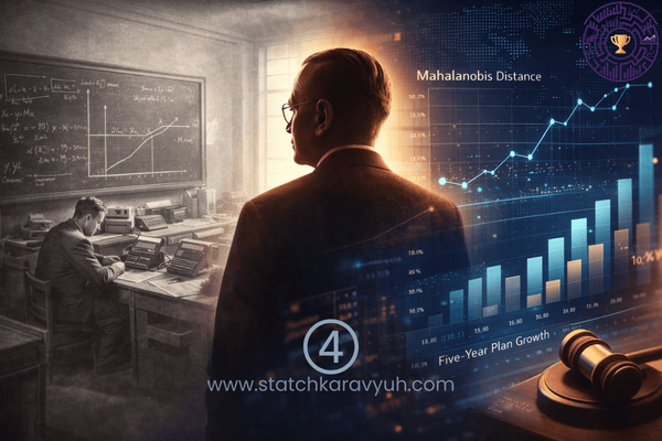 A cinematic transition image showing a vintage 1930s statistical lab merging into modern digital data visualizations of the Mahalanobis Distance.