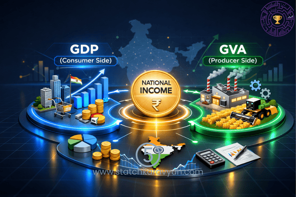 A professional 3D isometric dashboard representing the Indian economy, showing the relationship between GDP (Consumer Side) and GVA (Producer Side) with minimalist icons for manufacturing and services.