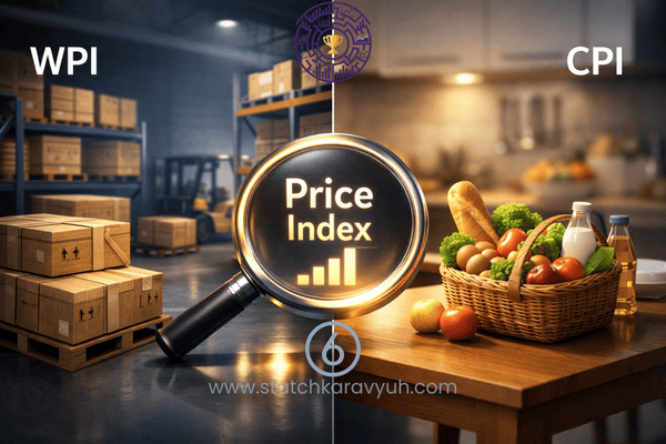A split-screen 3D comparison of the Wholesale Price Index (WPI) represented by a factory warehouse and the Consumer Price Index (CPI) represented by a retail grocery basket.