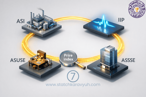 An isometric illustration of four interconnected platforms representing the Annual Survey of Industries, Index of Industrial Production, and the unincorporated and service sector surveys in India.