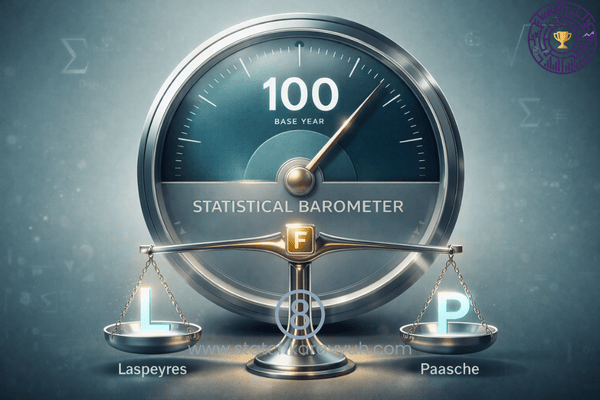 A conceptual 3D render of an economic barometer set to a base year of 100, featuring a balance scale with symbols for Laspeyres, Paasche, and Fisher’s Ideal Index.