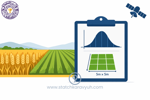A professional illustration representing the Timely Reporting Scheme (TRS) and Crop Cutting Experiments for Agricultural Statistics in India.