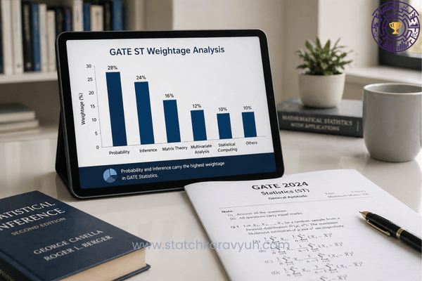 A detailed chart highlighting high-frequency question patterns and scoring zones based on an expert GATE Statistics PYQ Analysis.