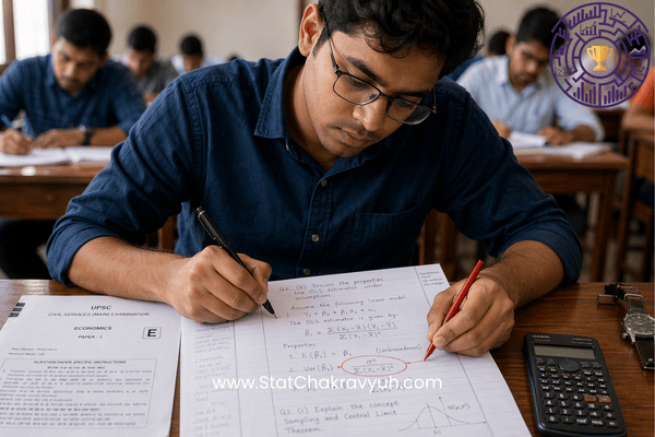 A focused Indian student self-correcting a statistical formula with a red pen on a UPSC ISS answer writing descriptive paper, implementing an improved ISS descriptive paper strategy.