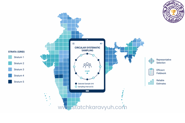 Minimalist vector illustration of Indian geographic strata and digital sampling design for NSSO surveys.