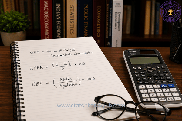 A close-up photograph of a hand writing on a notebook displaying mathematical equations labeled 'Official Statistics Formulas for UPSC ISS', positioned next to a calculator and a blur of academic books.
