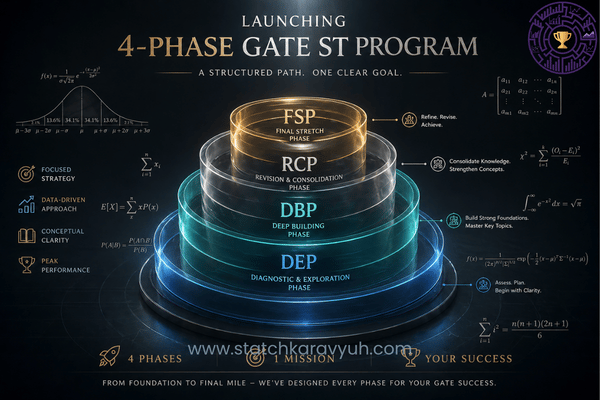 A professional visual representation of the four preparation phases (DEP, DBP, RCP, FSP) for the official StatChakravyuh Test Series Launch.