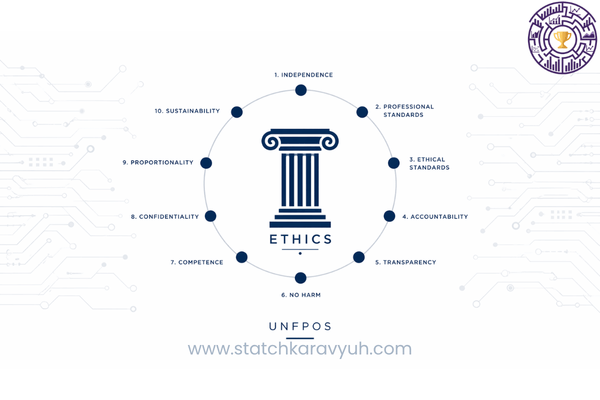 Minimalist iconographic representation of the 10 UN Fundamental Principles of Official Statistics and digital transformation.
