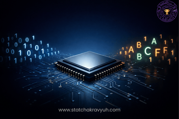 A professional graphic showing binary and hexadecimal number systems for UPSC ISS Computer Science preparation.