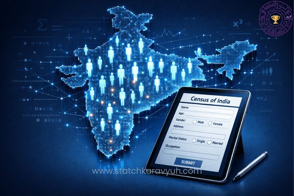 A digital representation of the Population Census of India featuring a map and data enumeration tools for UPSC ISS preparation.