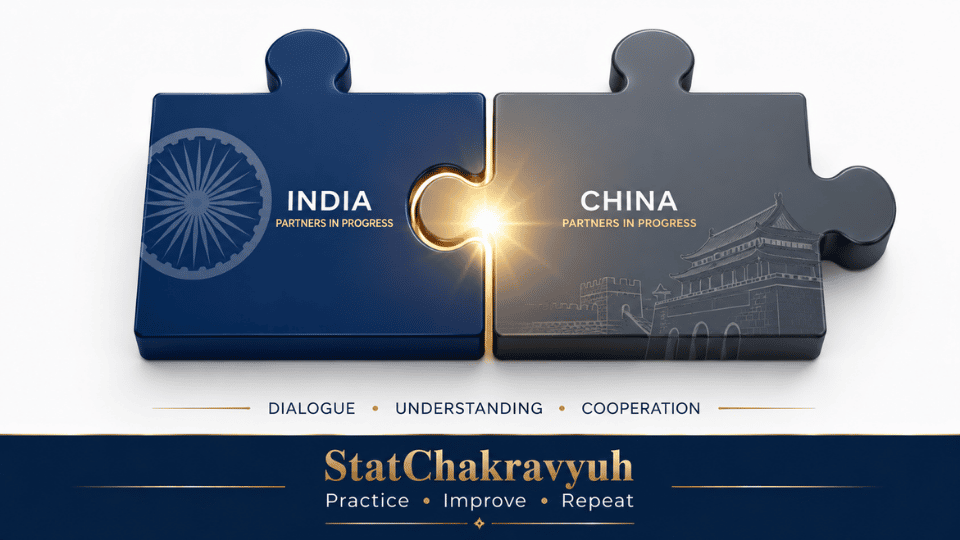 An in-depth analysis of India China relations post-Galwan, exploring the 2025-26 strategic reset, economic paradoxes, and WMCC institutional frameworks for UPSC ISS.