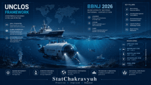 A conceptual infographic illustrating the four pillars of the BBNJ Agreement (High Seas Treaty) for marine conservation beyond national jurisdictions for UPSC ISS study.