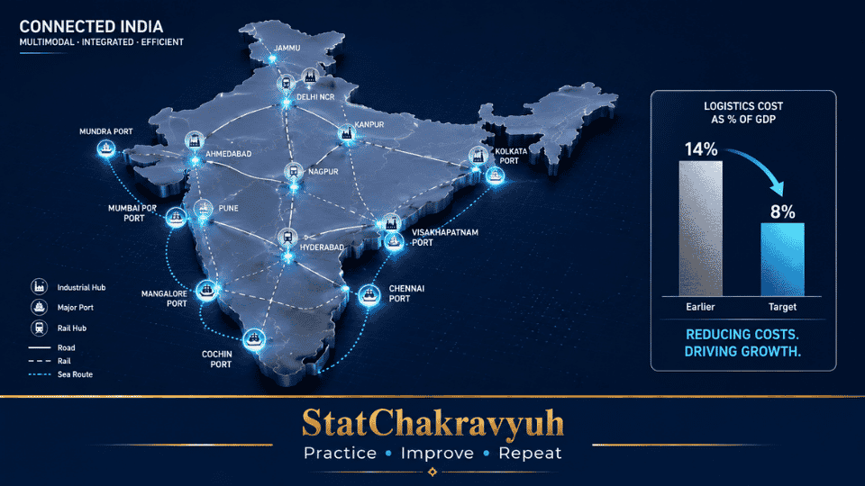 A visual representation of the National Logistics Policy and PM Gati Shakti framework showing multimodal connectivity to reduce logistics costs for UPSC ISS exam study.