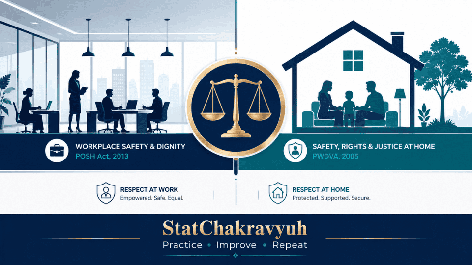 A conceptual diagram comparing the workplace coverage of the POSH Act 2013 and the domestic protection of the PWDVA 2005 for UPSC ISS preparation.