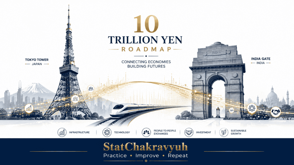 A conceptual infographic showcasing the core vectors of the India Japan Strategic Partnership, focusing on infrastructure, technology transfers, and investment targets for UPSC ISS study.