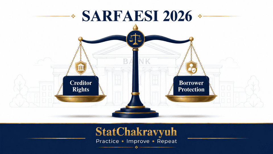 A visual representation of the SARFAESI Act Supreme Court ruling balancing creditor and borrower rights for UPSC ISS exam study.