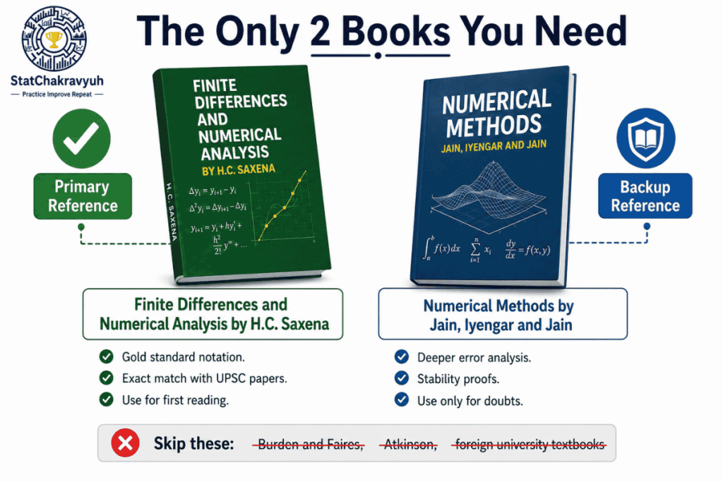 Comparison of two recommended books for UPSC ISS Numerical Analysis preparation: H.C. Saxena as primary reference and Jain Iyengar and Jain as backup reference