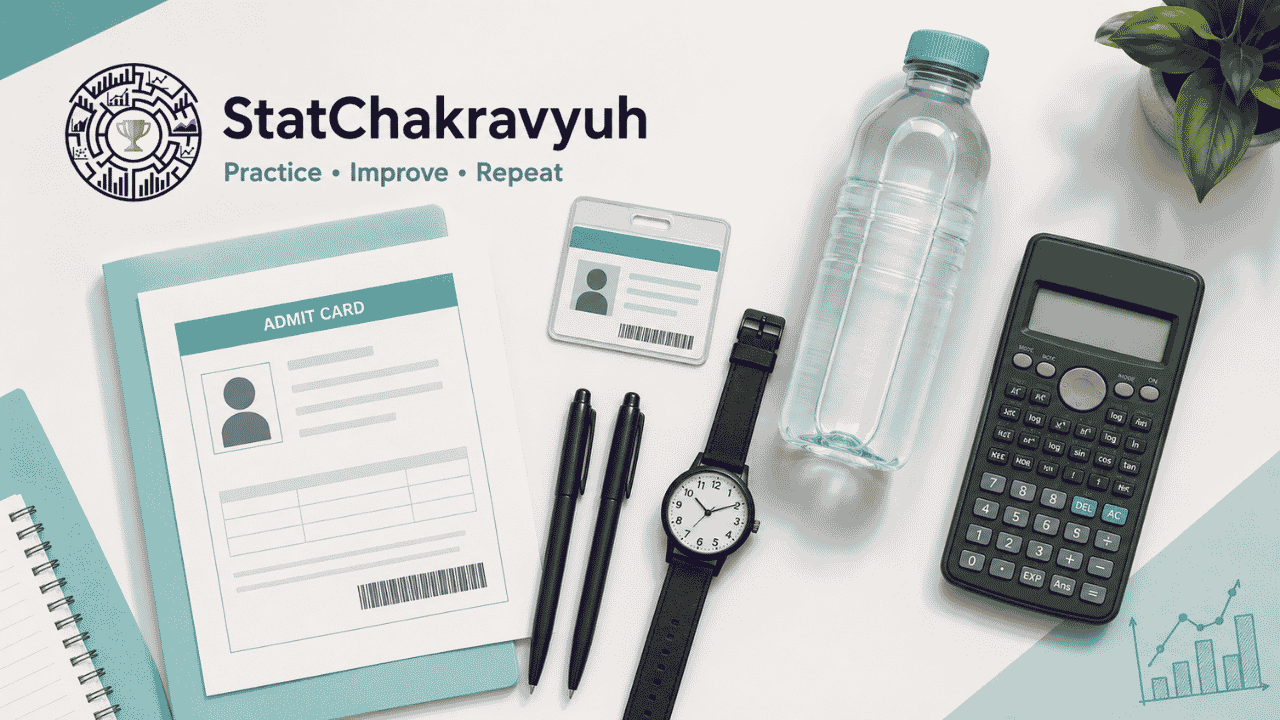 A neatly arranged UPSC ISS 2026 exam day kit with admit card, photo identity proof, pens, analog watch, water bottle, and a scientific calculator