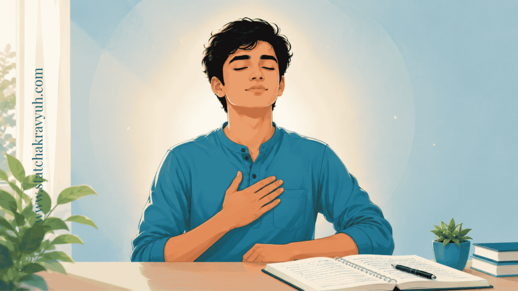A young Indian aspirant taking a calm deep breath with an open notebook, representing how to handle last week exam pressure before UPSC ISS 2026 - UPSC ISS 2026 Last Week Strategy 