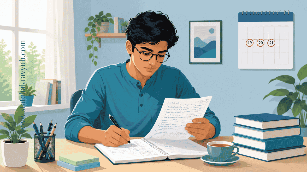 A calm student revising from short notes at a study desk with a calendar showing UPSC ISS 2026 exam dates of 19, 20 and 21 June - UPSC ISS 2026 Last Week Strategy