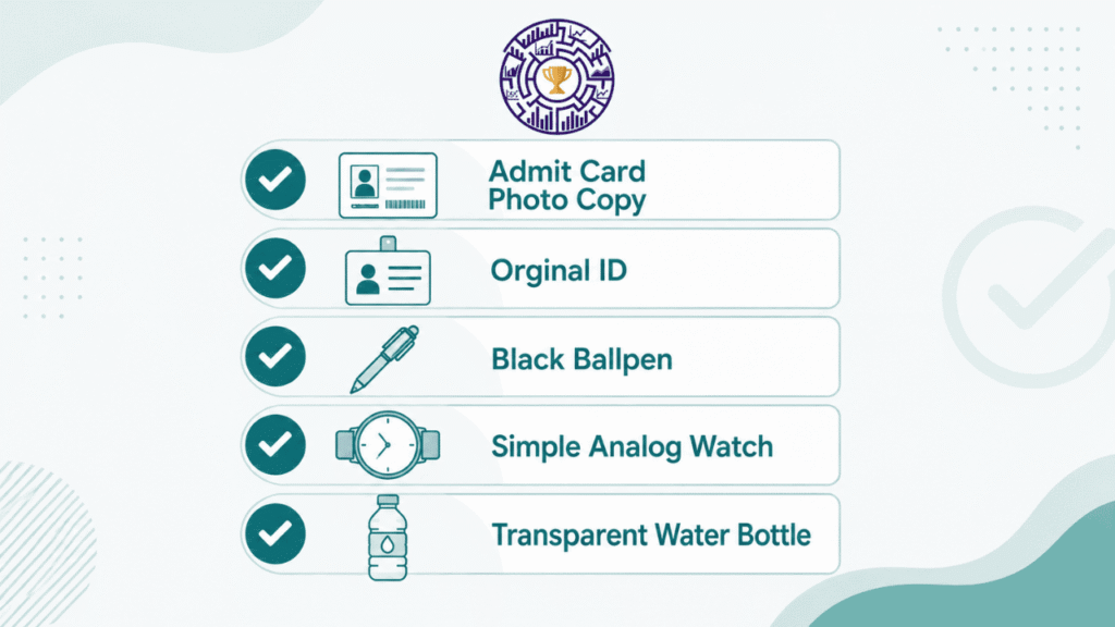 A simple checklist graphic showing items allowed inside the UPSC ISS 2026 exam hall