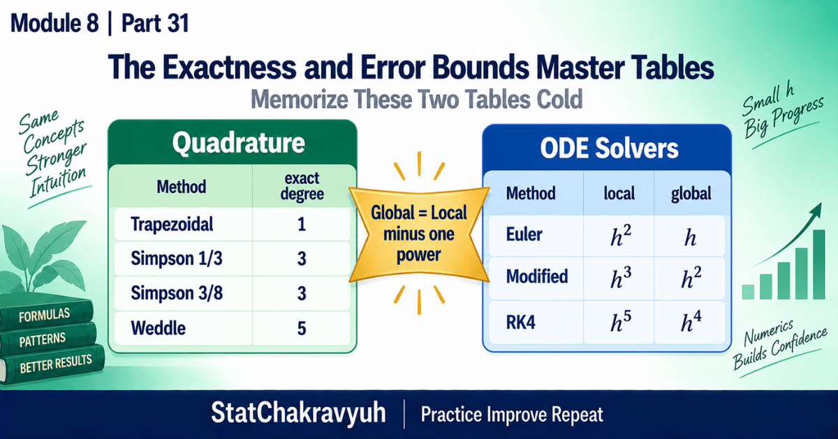 Master tables of exactness degrees and local versus global error orders for quadrature rules and ODE solvers for UPSC ISS Part 31