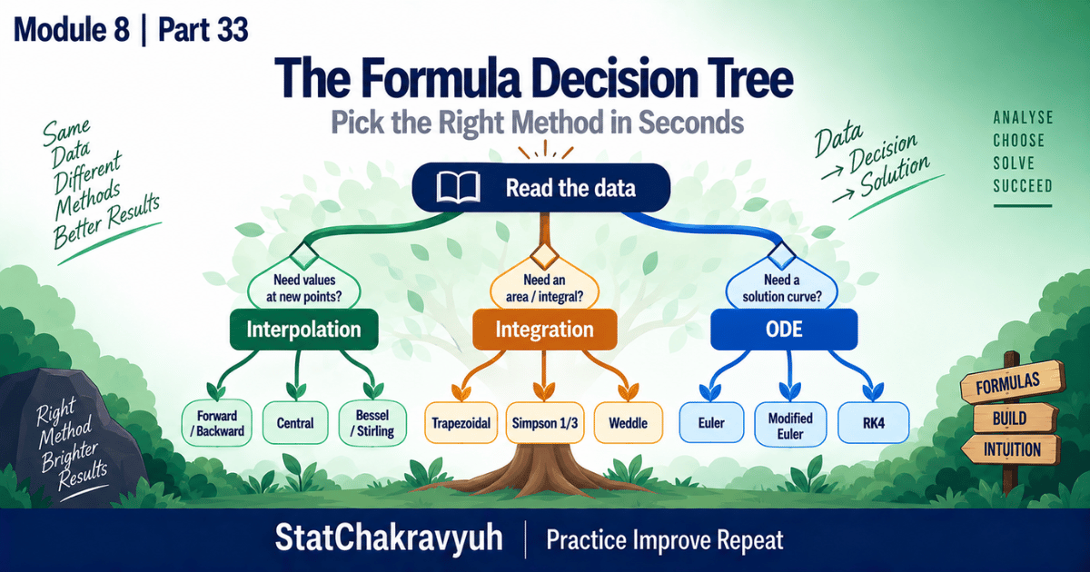 Decision tree flowchart selecting interpolation integration and ODE formulas for UPSC ISS Part 33