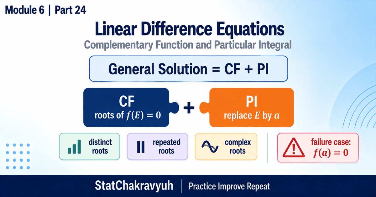 Linear difference equations solved by complementary function plus particular integral for UPSC ISS Part 24
